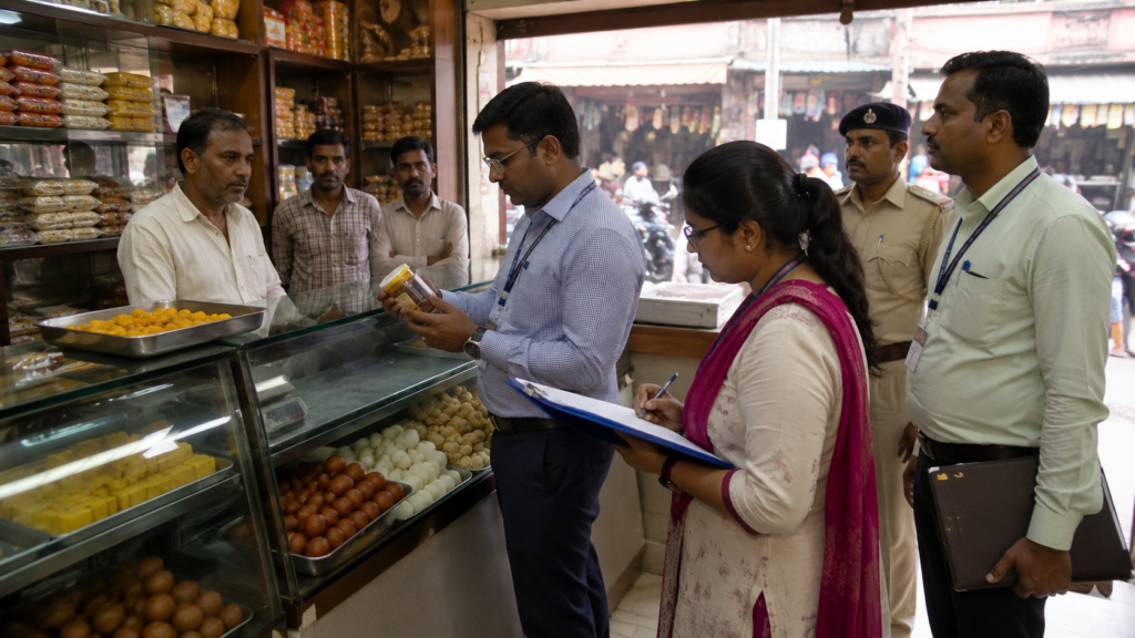 AI Generated Image of Food Safety Officer inspecting a food shop during enforcement action