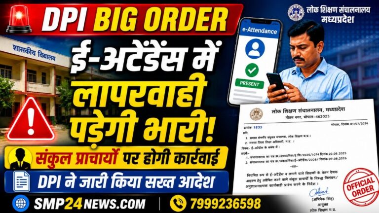 मध्यप्रदेश में ई-अटेंडेंस को लेकर DPI के सख्त आदेश की फीचर्ड इमेज, जिसमें संकुल प्राचार्यों पर कार्रवाई और शत-प्रतिशत ई-अटेंडेंस सुनिश्चित करने का संदेश दिखाया गया है।