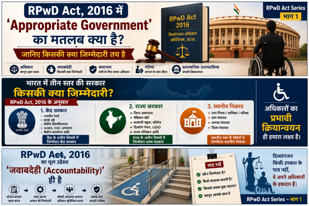 RPwD Act 2016 में Appropriate Government का अर्थ, केंद्र सरकार, राज्य सरकार और स्थानीय निकाय की जिम्मेदारियां – हिंदी में विस्तृत जानकारी