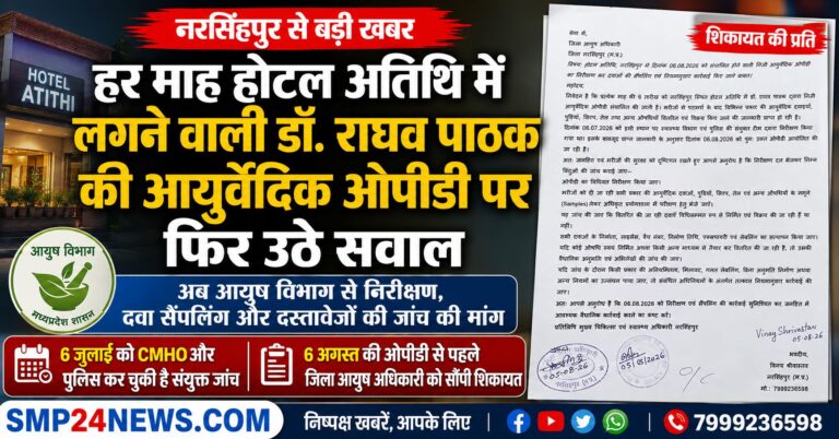 नरसिंहपुर के होटल अतिथि में डॉ. राघव पाठक की आयुर्वेदिक ओपीडी को लेकर जिला आयुष अधिकारी को दी गई शिकायत, निरीक्षण और दवा सैंपलिंग की मांग