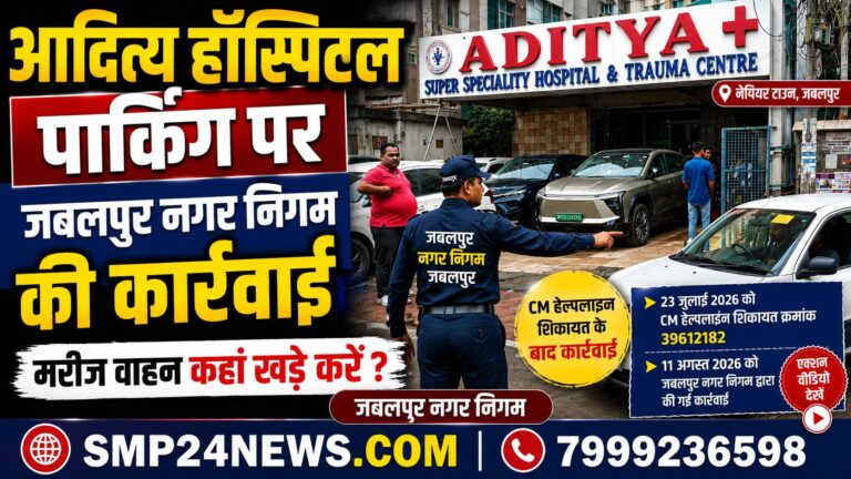 जबलपुर नगर निगम की कार्रवाई के दौरान आदित्य हॉस्पिटल के बाहर खड़े वाहन