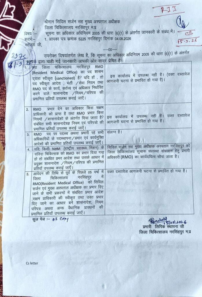 नरसिंहपुर जिला अस्पताल से प्राप्त RMO संबंधी RTI जवाब की प्रति